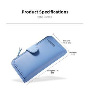 Detailansicht der himmelblauen Geldbörse mit Maßen von 19 cm Länge und 10,5 cm Höhe