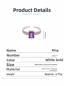 Detail view of S925 sterling silver ring with 6x8mm rectangular amethyst and adjustable band