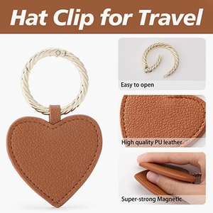 Brown heart-shaped PU leather magnetic hat clip for travel with gold metal ring detail
