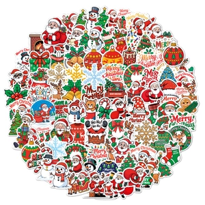 Close-up of waterproof holographic Christmas stickers featuring Santa and festive patterns