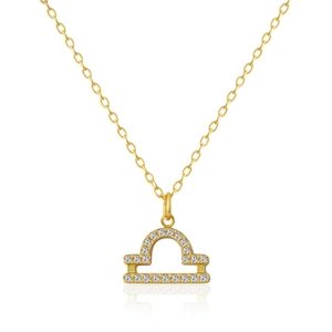 Detail of 18k gold Libra constellation pendant with white zircon stones on an O-chain
