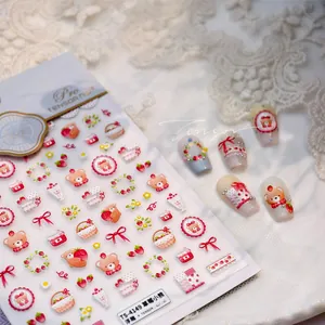 5D embossed strawberry bear nail stickers with fine lace details and 3D floral patterns