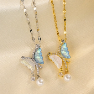 Butterfly Pendant Necklace Stainless Steel Iridescent Mother Of Artificial Pearl Cubic Zirconia Asymmetric Elegant Jewelry For Women
