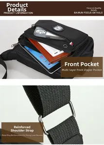 Macro view of multi-compartment interior for tablet and smartphone storage in black crossbody bag