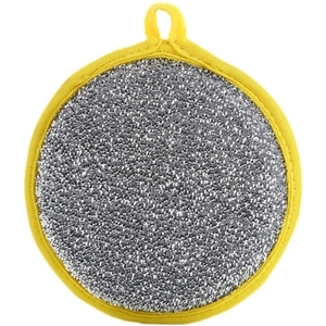 Round dual-sided kitchen scrubbing sponge with silver metallic mesh and yellow border