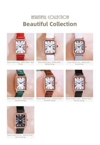 Collection of rectangular rose gold women's watches with various colorful leather straps