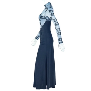 Detail of blue geometric print bodice and black bodycon skirt with ruched high collar