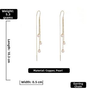 Detail showing long gold chain tassel earrings with pearls including dimensions and weight