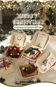 Felt Christmas ornaments in a bento gift box with decorative ribbons and cards