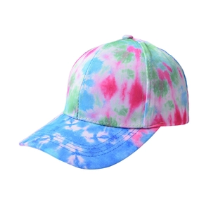 Colorful tie-dye baseball cap with pink blue and green patterns in a classic 6-panel design