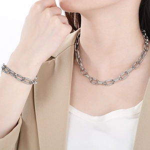 Detail of silver stainless steel twisted chain necklace and bracelet set on model