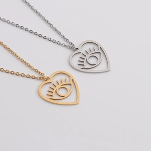 Minimalistische Edelstahl Halskette mit Herz-Teufelsauge-Anhänger in Gold und Silber Finish