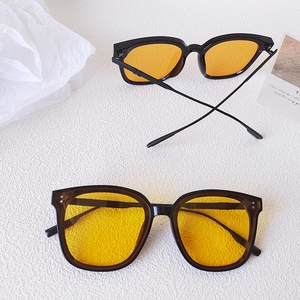 Retro square thick frame sunglasses with orange lenses and metal rivet details