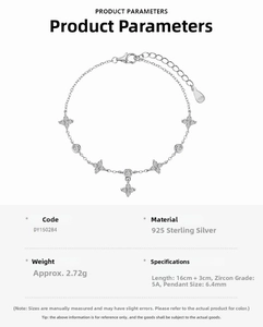 Detail view of S925 sterling silver four-leaf clover anklet with lobster clasp and zircons