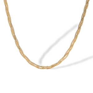 Minimalist multi-strand braided gold titanium steel necklace for women on white background