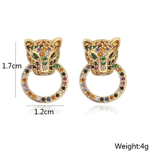 Hip hop leopard head earrings in 18K gold plated copper with multicolor zircon crystals