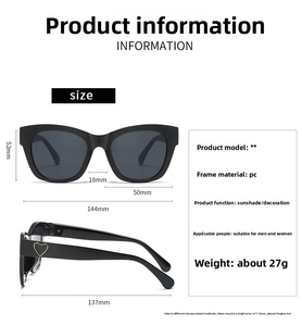 Detailed size measurements and material specs for black square heart-temple sunglasses.