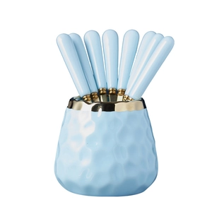 Light luxury light blue ceramic storage jar with 6 matching stainless steel fruit forks