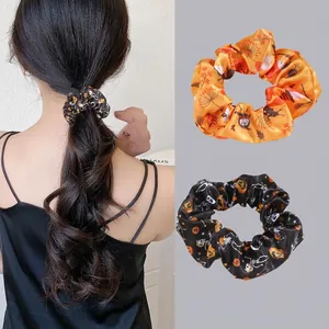 Halloween Scrunchies Satin Polyester Hair Ties Pumpkin Ghost Skeleton Print Retro Elastic Ponytail Holder Party Decor