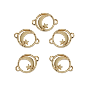 Five gold celestial moon and star charms for DIY jewelry making on white background