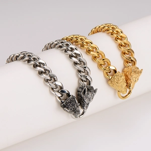 Bracelets tête de loup en acier inoxydable, finitions argent, or et vieil argent