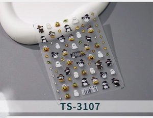 Detail von Halloween-Nagelaufklebern TS-3107 mit süßen weißen Geistern und Kürbissen