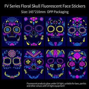 Neon Halloween face tattoos with glowing Mexican skull designs and Day of the Dead themes