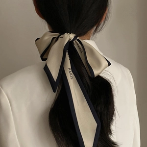 French vintage silk scarf hair ribbon tied on a ponytail with PARIS letter print