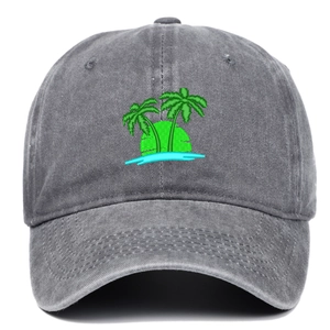 Dark grey washed baseball cap with embroidered green palm trees on a white background