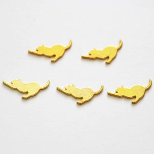Five gold cat pendants in a stretching pose for DIY jewelry making on white background
