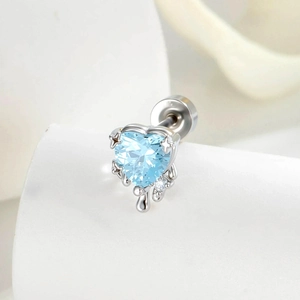 Silver heart earrings with light blue zircon and liquid metal dripping texture details