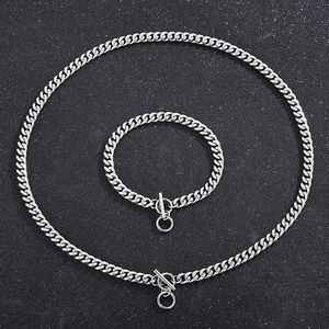 Silver stainless steel Cuban link chain necklace and bracelet set with toggle clasp