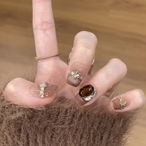 French cat-eye gradient press-on nails with luxury brown gems and sparkling diamonds