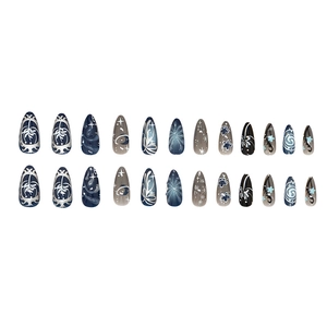 Starry night dark floral press-on nails with silver motifs in stiletto shape 24pcs