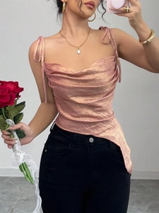 Débardeur Camisole Métallique Rose Femme Col Bénitier Ourlet Asymétrique Sexy Coupe Ajustée Dos Nu Sans Manches Fines Bretelles