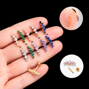 Caterpillar Cartilage Stud Earrings With Colorful Zircon Inlaid Stainless Steel Bar And Copper For Women Stylish Jewelry