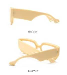 Side and back view of retro beige rectangle sunglasses with wide Y2K style frames