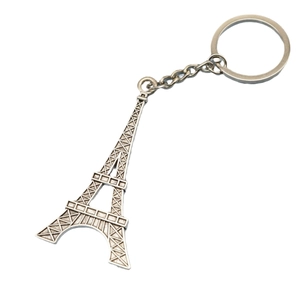 Minimalist silver Eiffel Tower metal keychain pendant with ring on white background