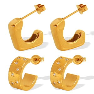 Minimalist 18K gold plated stainless steel C-shape stud earrings set with white crystals