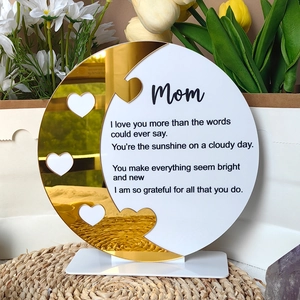 Detail of acrylic Mother's Day plaque with gold mirror crescent moon and sentimental poem