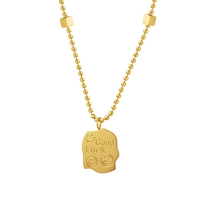 Irregular gold necklace with bead chain, smiling faces and Good Luck engraved pendant