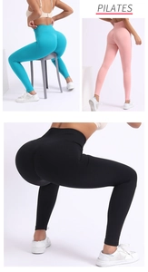 Detail of seamless high-waist yoga pants with scrunch butt lifting texture in various colors