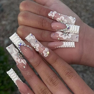 Press On Nails Elegant Nude Pink French Tip With Dimensional White Flower And Rhinestones Long Square False Nails Bridal Style