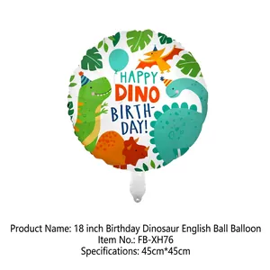 Detail of 18 inch Happy Dino Birthday foil balloon with colorful dinosaur patterns