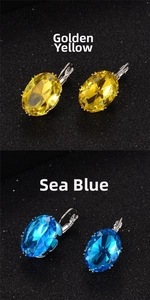 Detail of oval-cut zircon earrings in golden yellow and sea blue with lever-back hooks