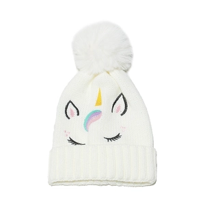 Bonnet En Tricot Brodé Licorne Pour Enfants Filles Avec Pompon Hiver Chaud Acrylique Blanc Mignon