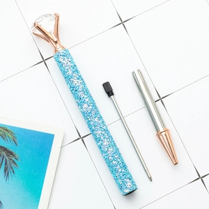 Creative blue glitter ballpoint pen with large diamond top and rose gold metal parts