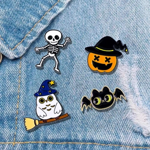 Enamel Brooch Pins Alloy Metal Halloween Cartoon Pumpkin Skeleton Owl Cat Decorative Badges For Clothes Backpack