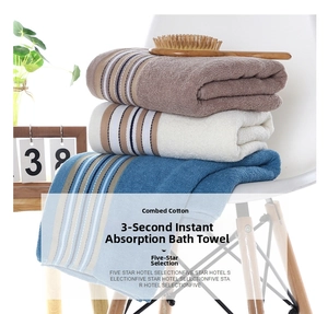Close-up of three absorbent combed cotton towels in brown, white and blue colors