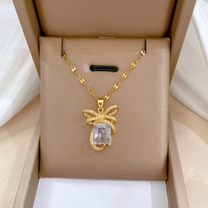Bowknot Pendant Necklace Stainless Steel Copper Cubic Zirconia Elegant Banquet Wedding Jewelry Women